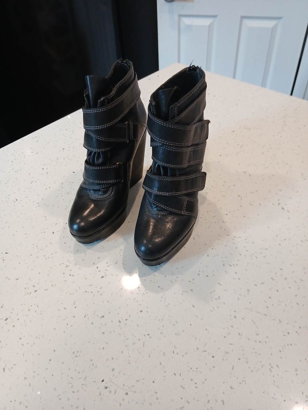 Stuart Weitzman Black Leather Wild Child Platform Strappy Wedge Boots 5 M